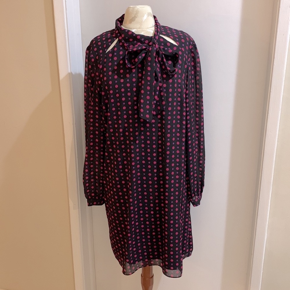 The Limited Polka Dot Black Fuchsia Purple Semi Sheer Sleeve Lined Midi Dress 14